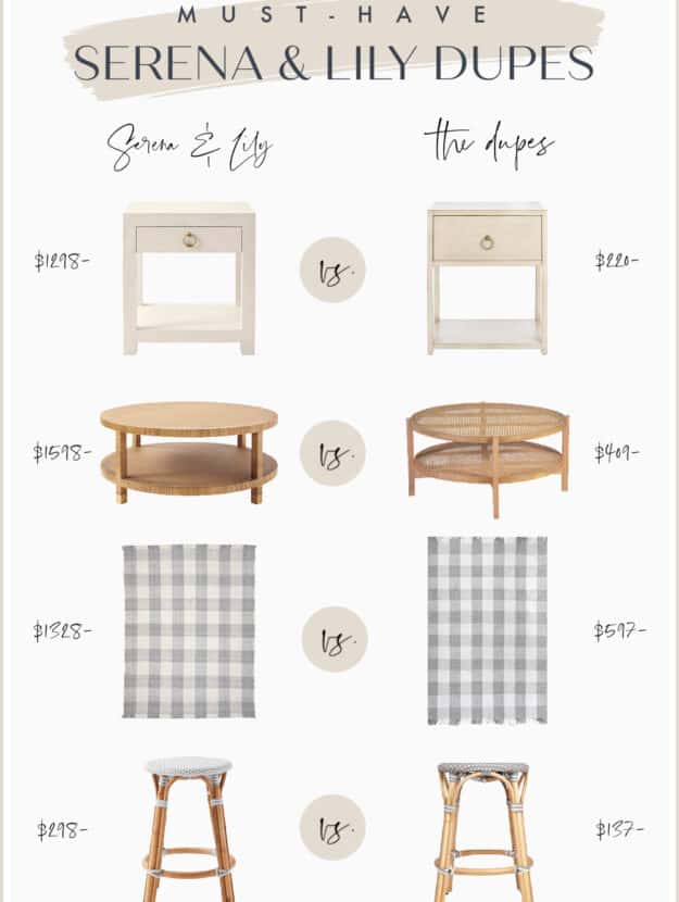 Pinterest image with Serena and Lily dupes including a nightstand, coffee table, rug, and counter stools
